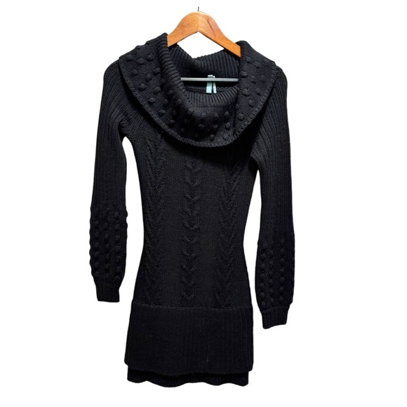Guess by Marciano Black Wool Cable Knit Turtleneck Knit Dress Bobble Sleeve - Picture 2 of 15